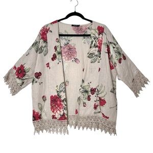 Boho 100% Linen Goblincore Floral Kimono Lace Trim Earthy Lagenlook Hobbit Fairy
